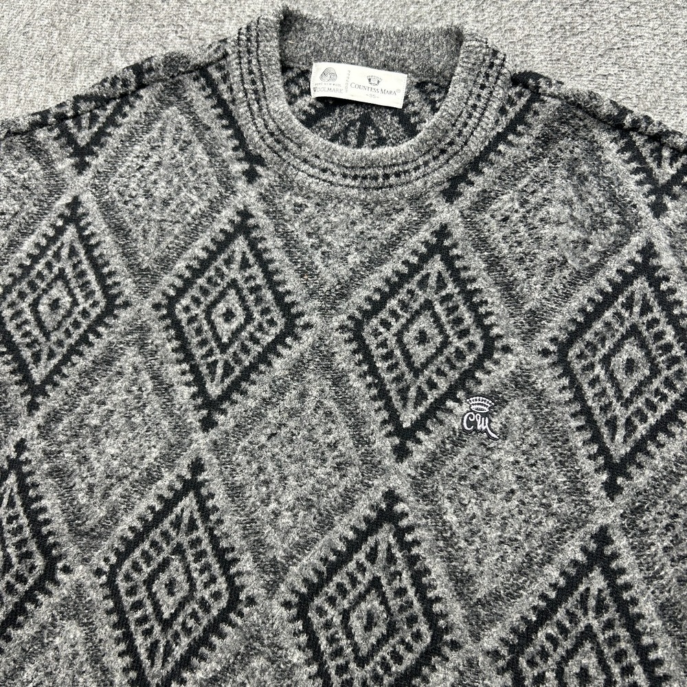Vintage Countess Mara Geometric Knit Sweater Mens M/L? Gray Black‎ Diamond
